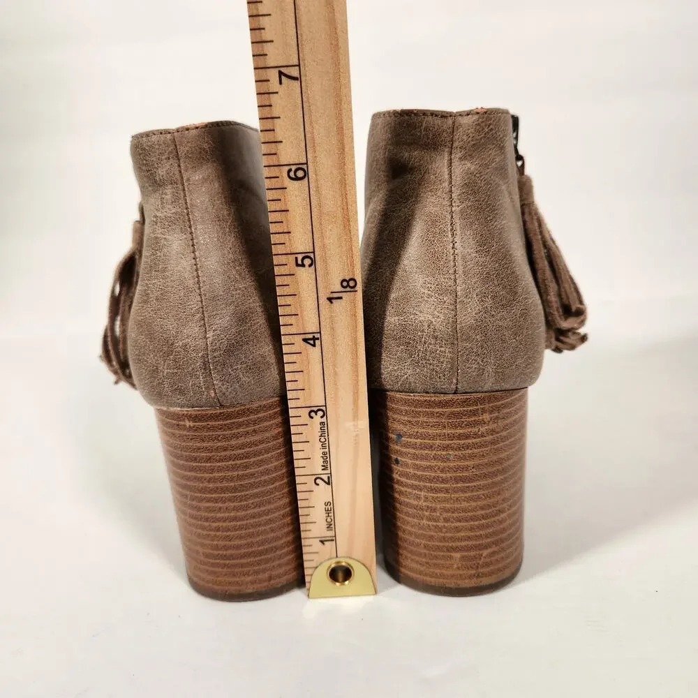 MAURICES Ankle Boot Womens 10M Tan Faux Suede Laser Cut Out Open Toe Tassel Boho